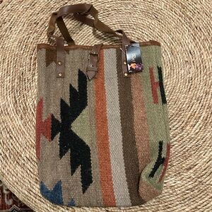 Anthropology RAJ Southwestern  Handwoven Cotton Fabric Bag With Leather Straps